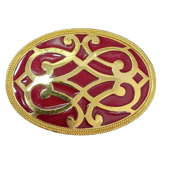 Vntg Celtic Brooch 3" RED Coat Pin Oval Metal Enamel Milgrain Accent Gold Estate - Picture 1 of 16